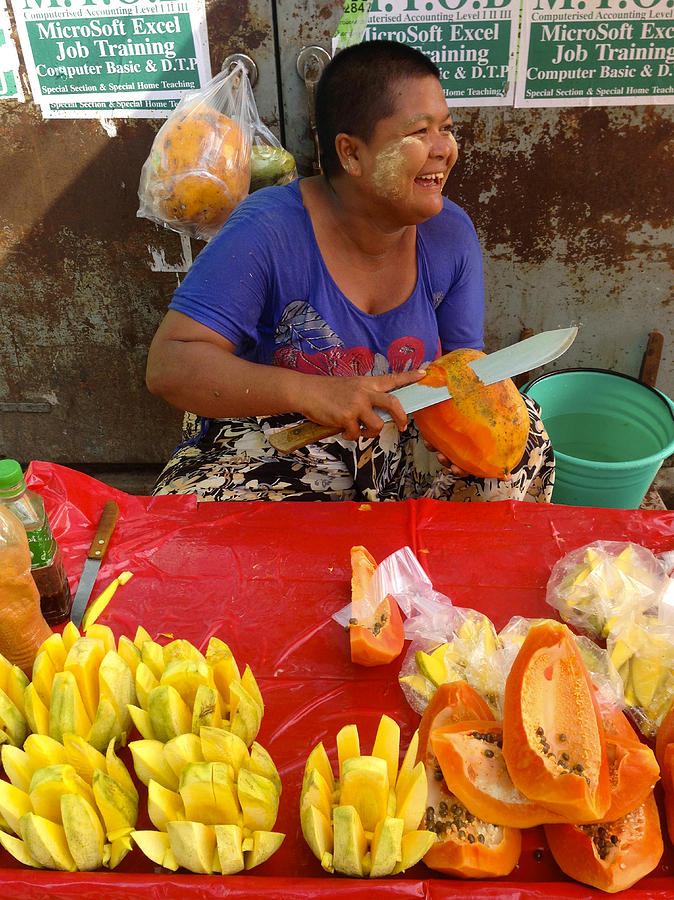 Burmese Photograph - Laughing Burmese Woman Selling Fresh Mangoes And Papayas Central Yangon Myanmar by PIXELS  XPOSED Ralph A Ledergerber Photography