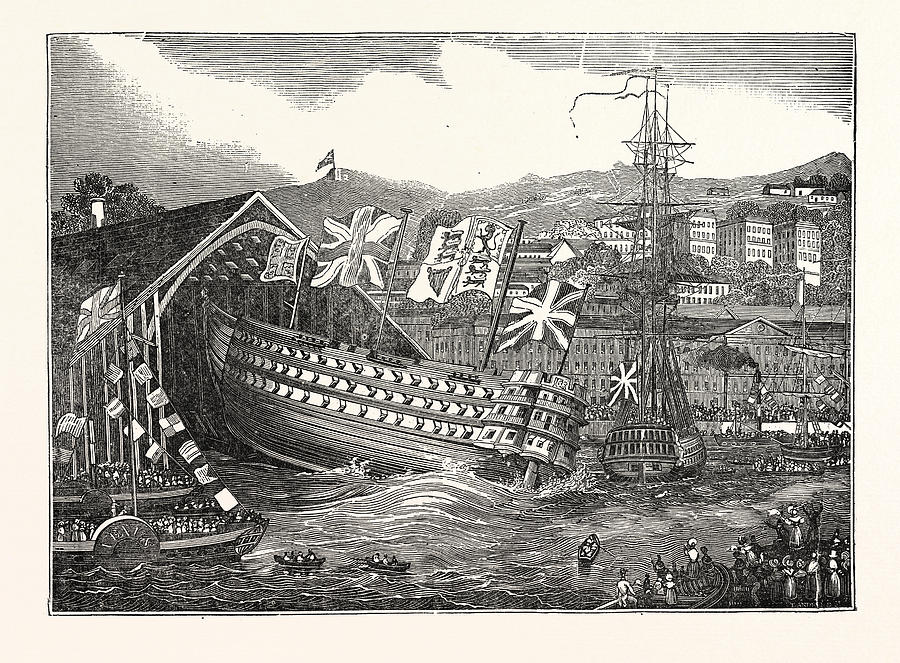 Launch Of His Majestys Ship Waterloo, At Chatham, Uk Drawing by English ...