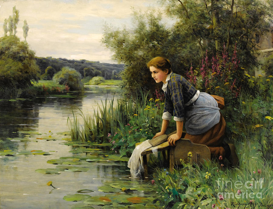Laundress by the Waters Edge Painting by Vincent Monozlay