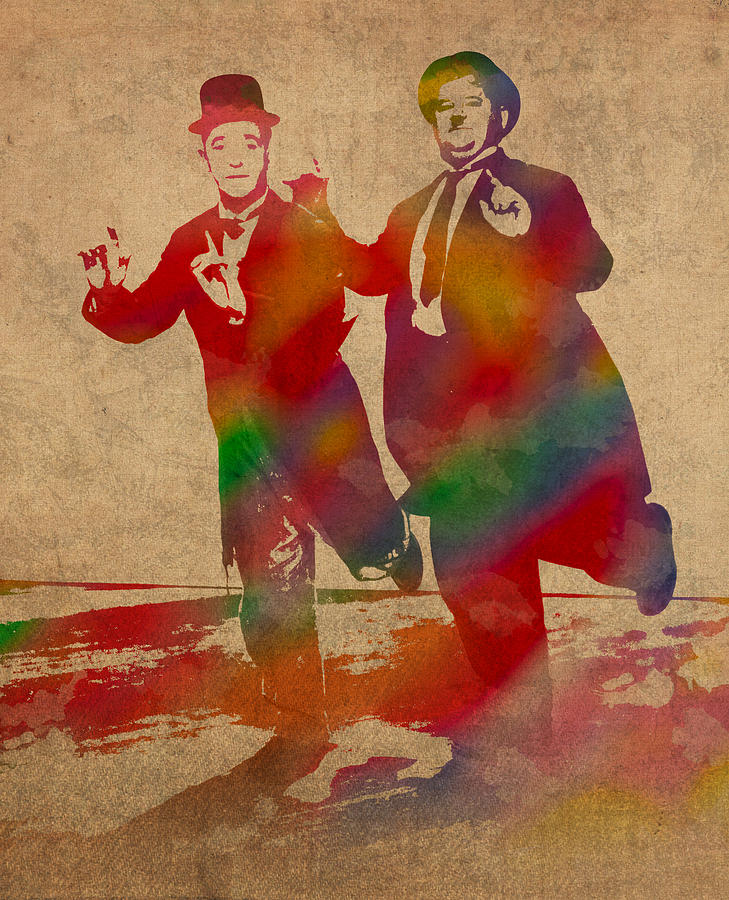 Portrait Mixed Media - Laurel and Hardy Classic Comedians Watercolor Portrait On Worn Distressed Canvas by Design Turnpike