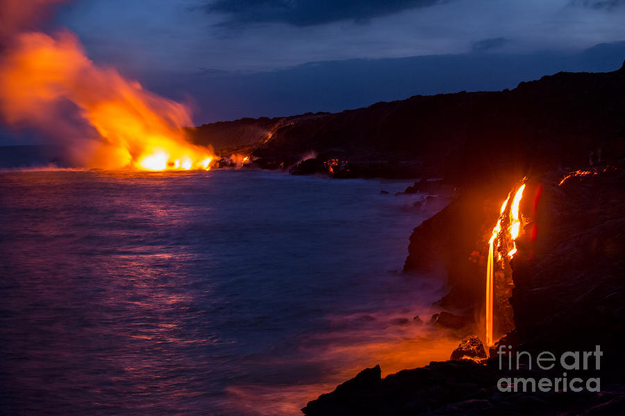 Lava Flowing Into Ocean At Night in Hawaii Photograph by Douglas Peebles