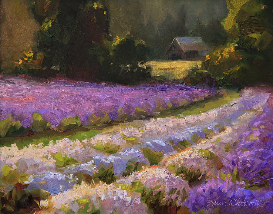 Impressionism Painting - Lavender Farm Landscape Painting - Barn and Field at Sunset Impressionism  by K Whitworth