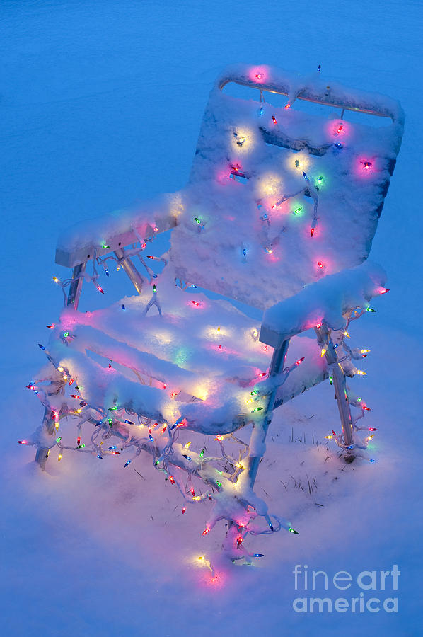Lawn chair covered with Christmas Lights and snow Photograph by Jim Corwin