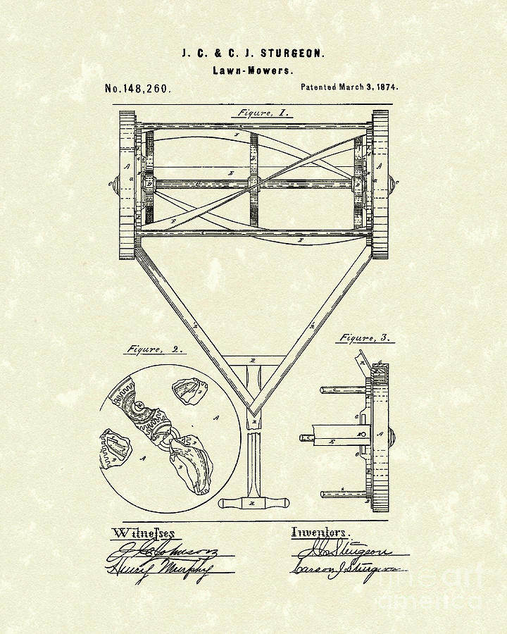 Lawn Mower 1874 Patent Art  Drawing by Prior Art Design