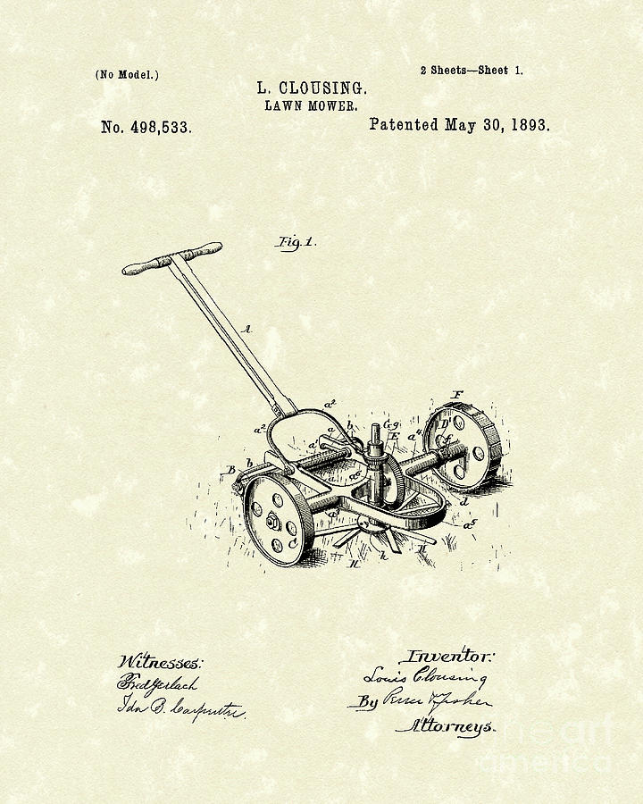 1893 Drawing - Lawn Mower 1893 Patent Art by Prior Art Design