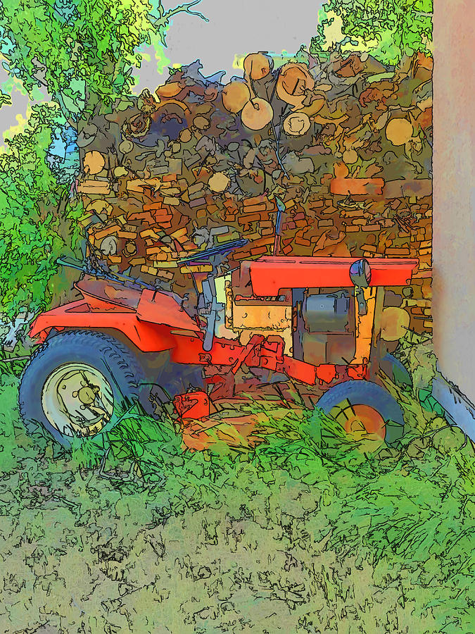 Lawn Tractor and wood pile Photograph by Cathy Anderson
