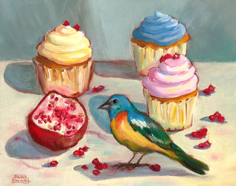 Pomegranate Painting - Lazuli Bunting and Pomegranate Cupcakes by Susan Thomas