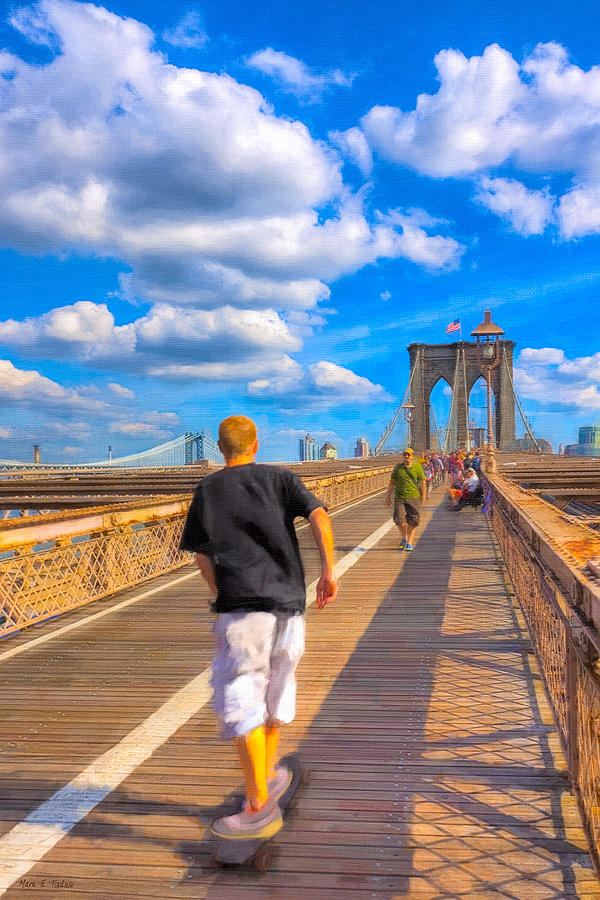 Lazy Days - Skateboarding on the Brooklyn Bridge Photograph by Mark E Tisdale