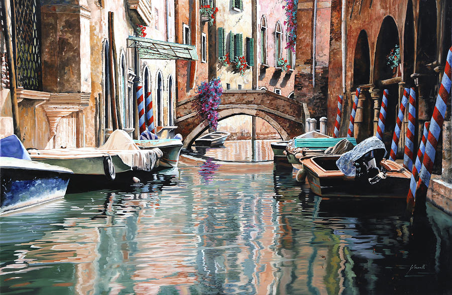 Docks Painting - Le Barche E I Pali Colorati by Guido Borelli