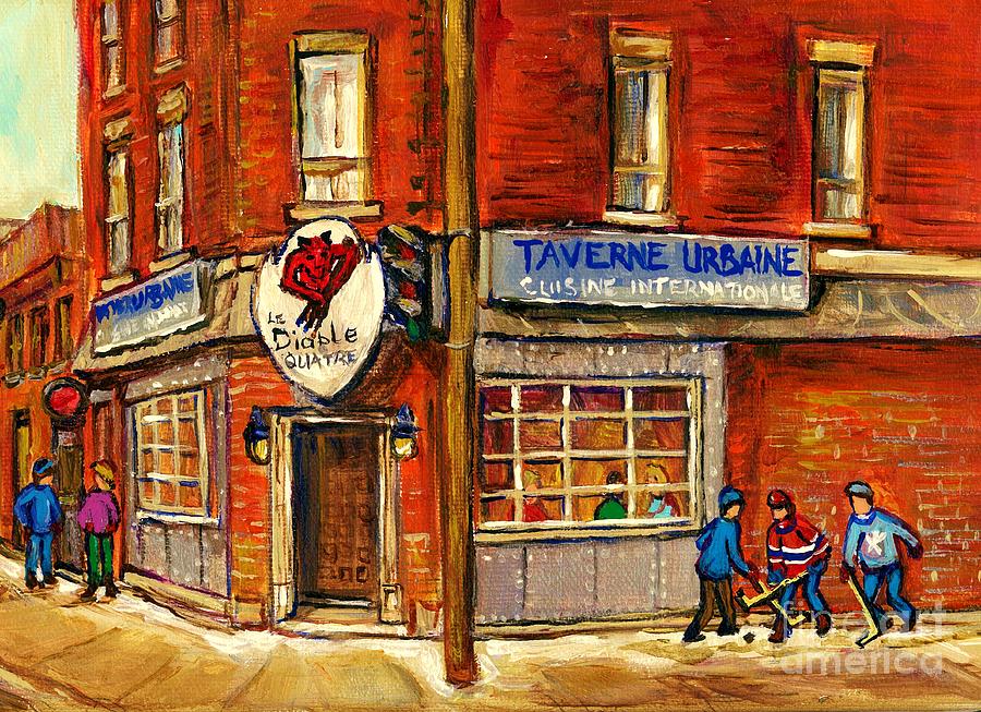 Le Diable A Quatre Taverne Urbaine Psc Hockey Art Winter Scenes Montreal Street Scene Specialist  Painting by Carole Spandau