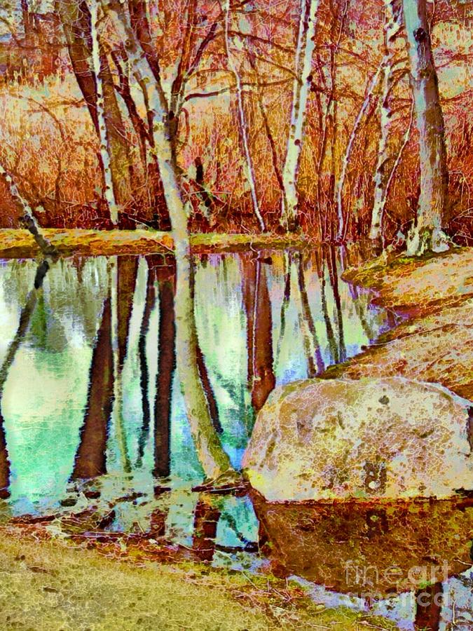 V Leafless Woods Reflection - Vertical Painting by Lyn Voytershark