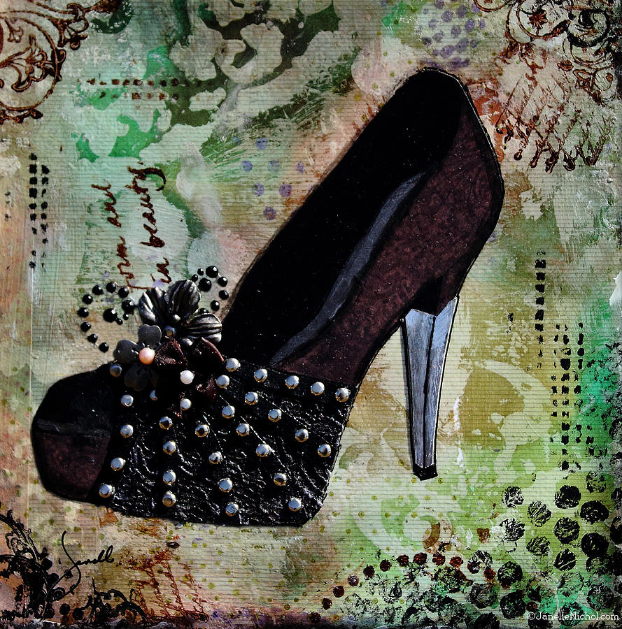 Shoes Mixed Media - Leather and Lace Shoes with abstract background by Janelle Nichol