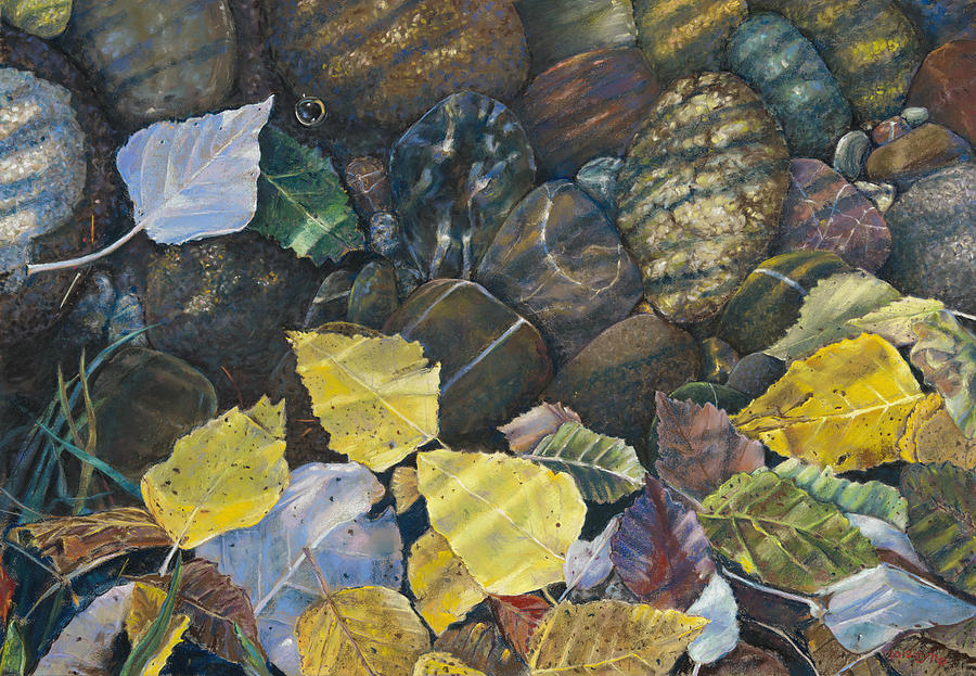 Leaves  Water and Rocks Painting by Nick Payne