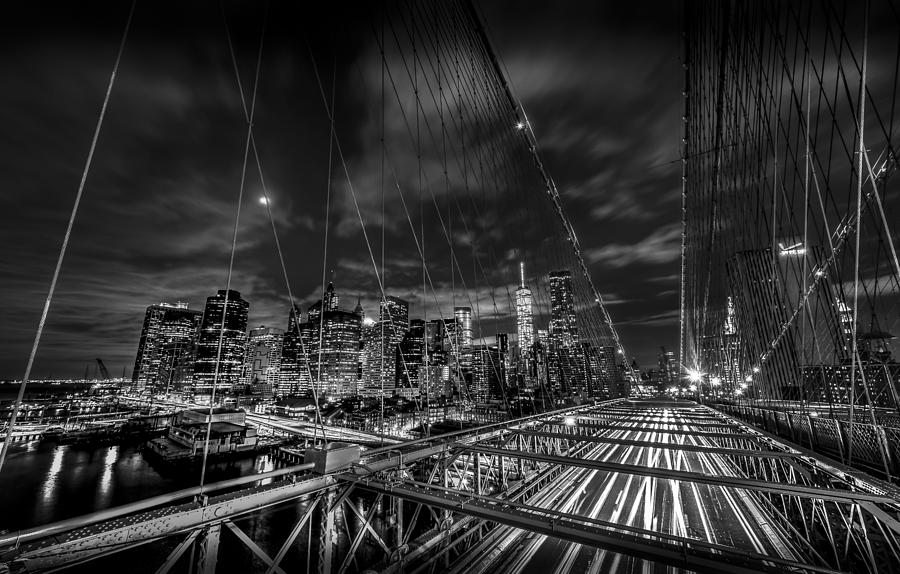 Leaving New York City via the Brooklyn Bridge Black and White Photograph by David Morefield
