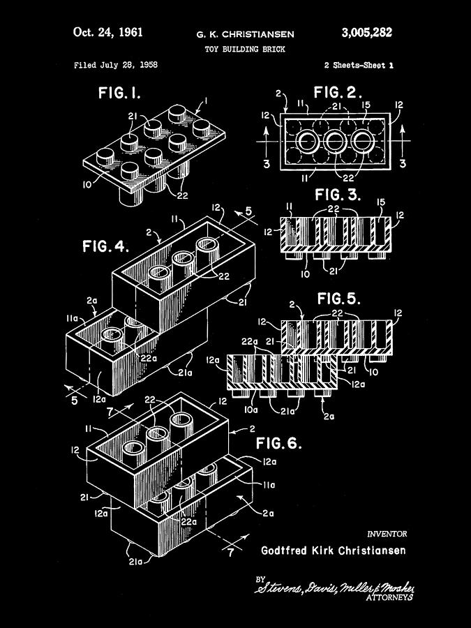 Lego Patent 1958 - Black Digital Art by Stephen Younts