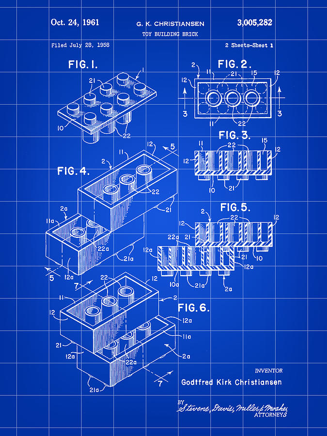 Lego Patent 1958 - Blue Digital Art by Stephen Younts