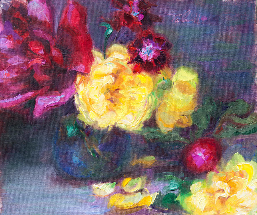Still Life Painting - Lemon and Magenta - flowers and radish by Talya Johnson