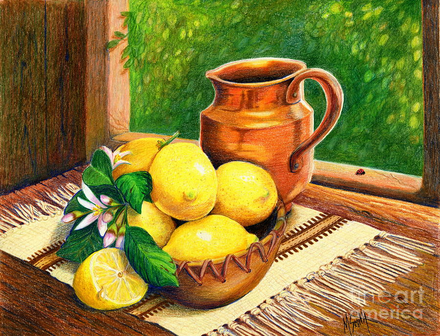 Lemons And Copper Still Life Drawing by Marilyn Smith