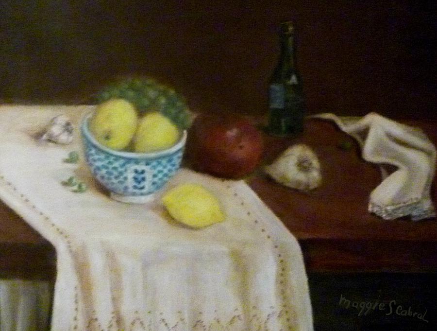 Lemon Painting - Lemons and Garlic by Maggie  Cabral