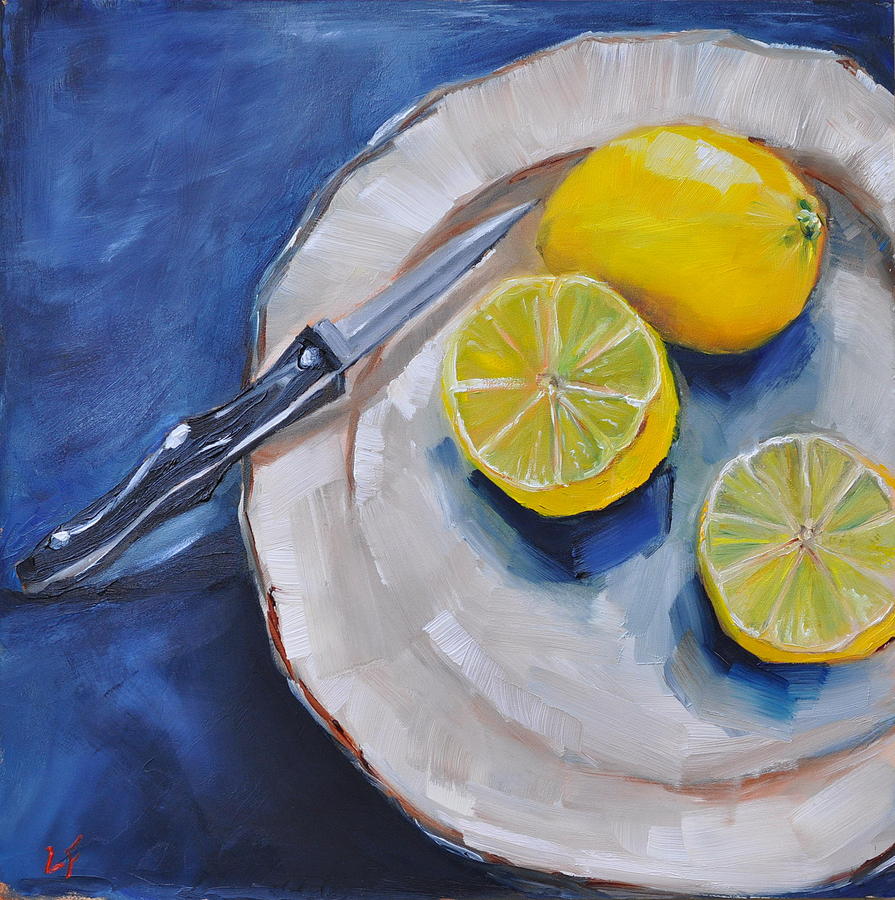 Lemons on a Plate Painting by Lindsay Frost