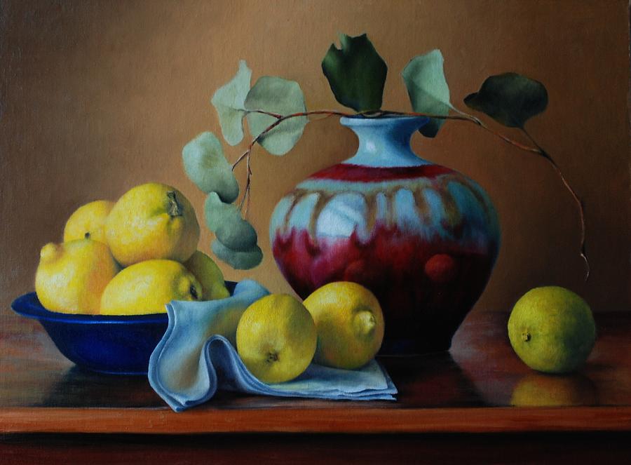 Still Life Painting - Lemons with red vase by Dan Petrov