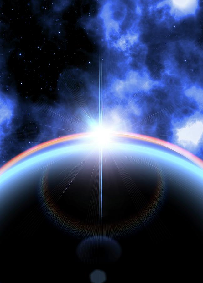 Lens Flare On Curve Of Planet Photograph by Victor Habbick Visions/science Photo Library