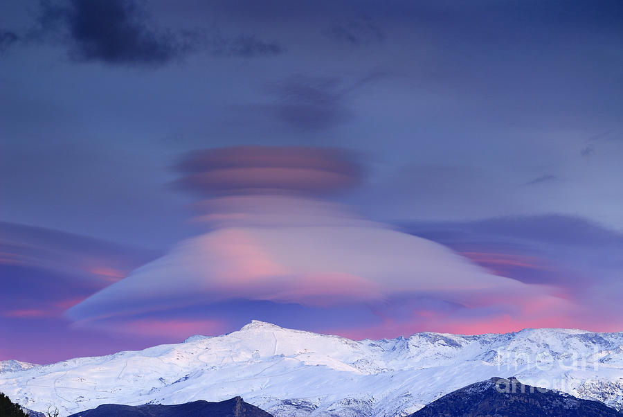 Nature Photograph - Lenticular clouds over Sierra Nevada at sunset by Guido Montanes Castillo