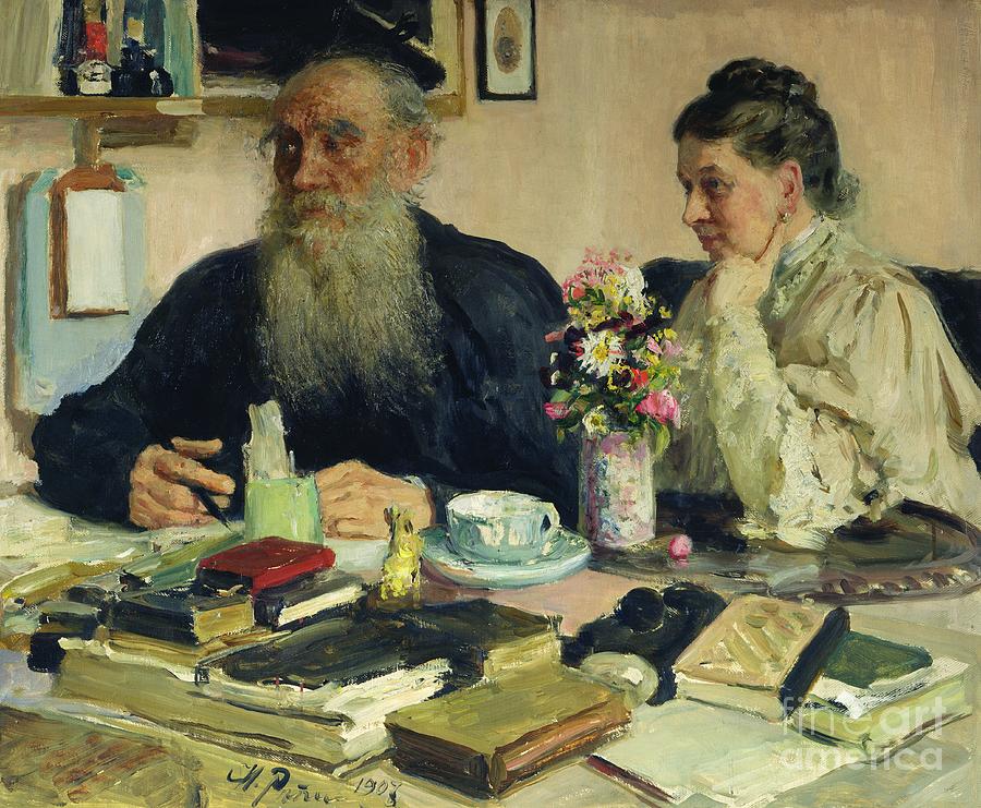 Portrait Painting - Leo Tolstoy with his wife in Yasnaya Polyana by Ilya Repin