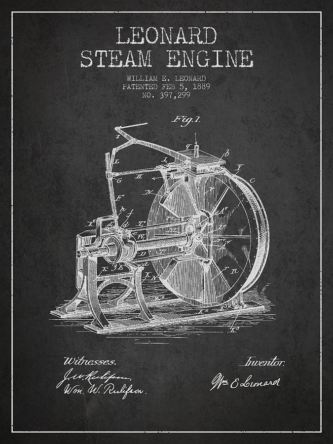 Vintage Digital Art - Leonard Steam Engine Patent Drawing From 1889- Dark by Aged Pixel