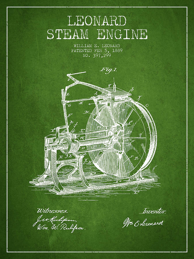 Vintage Digital Art - Leonard Steam Engine Patent Drawing From 1889- Green by Aged Pixel