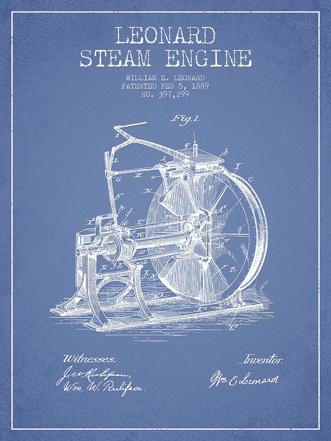 Vintage Digital Art - Leonard Steam Engine Patent Drawing From 1889- Light Blue by Aged Pixel