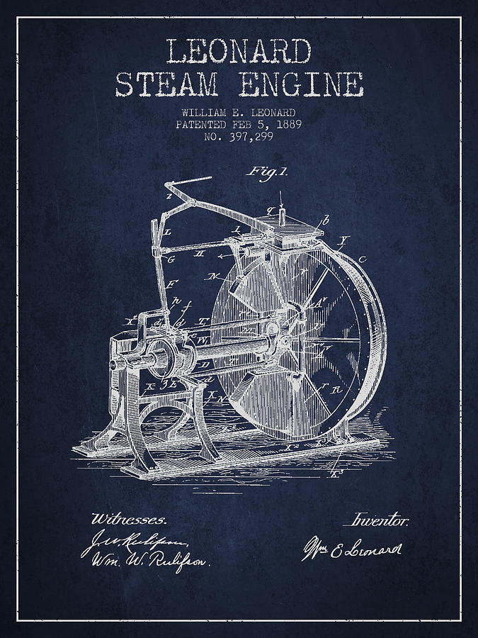 Vintage Digital Art - Leonard Steam Engine Patent Drawing From 1889- Navy Blue by Aged Pixel