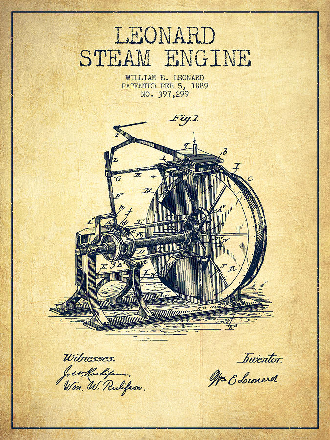 Leonard Steam Engine Patent Drawing From 1889 Vintage Digital Art by
