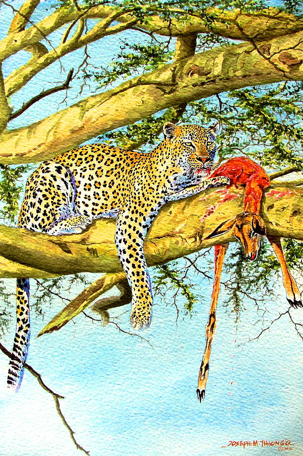 Leopard with a Kill Painting by Joseph Thiongo