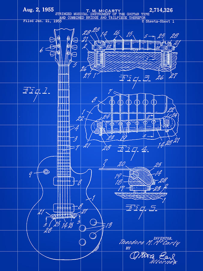 Jazz Digital Art - Les Paul Guitar Patent 1953 - Blue by Stephen Younts