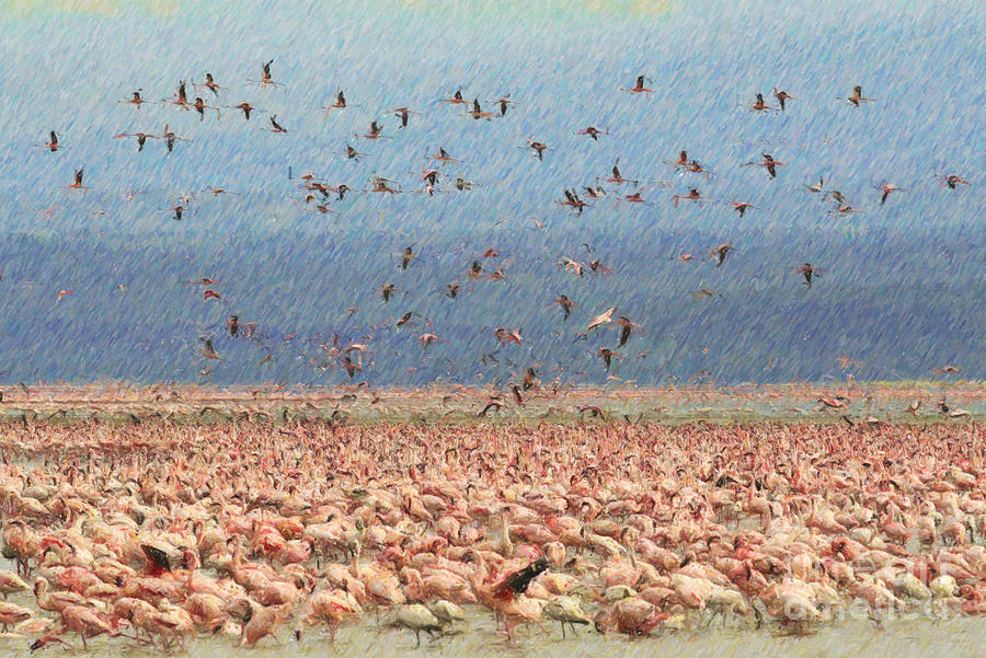 Lesser Flamingo flock at Lake Nakuru Kenya Digital Art by Liz Leyden
