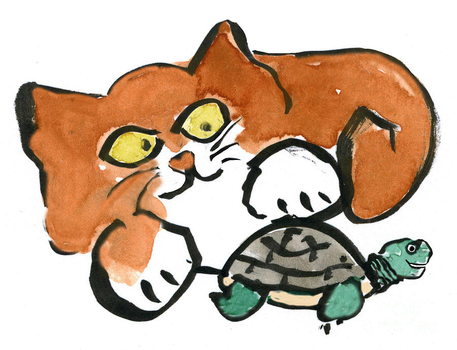 Let Go exclaims the Turtle to the Kitten Painting by Ellen Miffitt