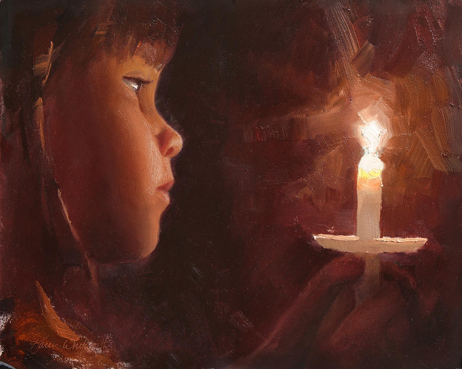 Christmas Painting - Let Your Light Shine Girl and Candlelight Service by Karen Whitworth