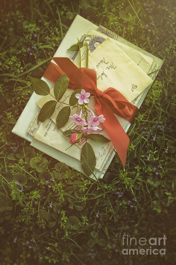 Letters with red satin ribbon in the grass Photograph by Sandra Cunningham