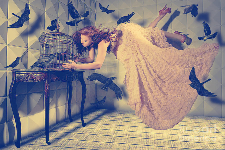 Fantasy Photograph - Levitation shot of a Woman and Her Black Birds by Katrina Brown