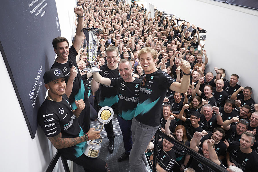Lewis Hamilton Celebrates F1 Constructors Championship At Mercedes Factory Photograph by Steve Etherington
