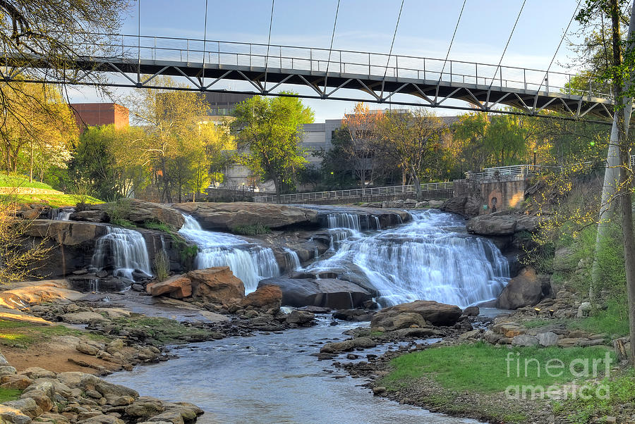 Landscape Photograph - Liberty Bridge and The Falls in Downtown Greenville SC by Willie Harper