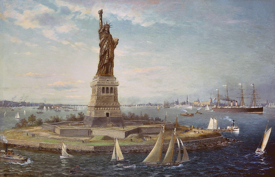 Boat Painting - Liberty Island New York Harbor by Fred Pansing