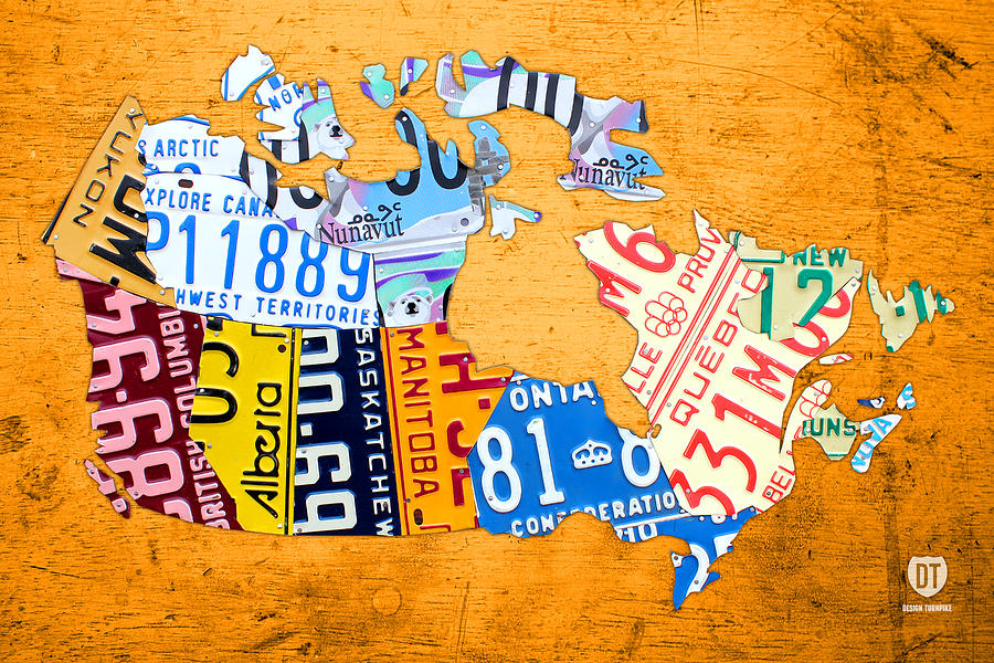 Vintage Mixed Media - License Plate Map of Canada on Bold Orange by Design Turnpike