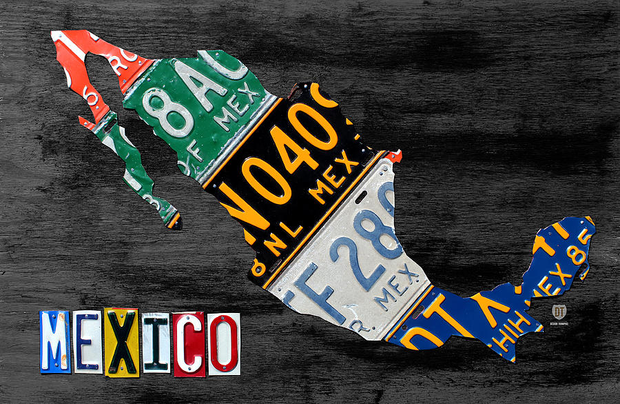 Vintage Mixed Media - License Plate Map of Mexico Recycled Vintage Car Tag Art on Gray by Design Turnpike