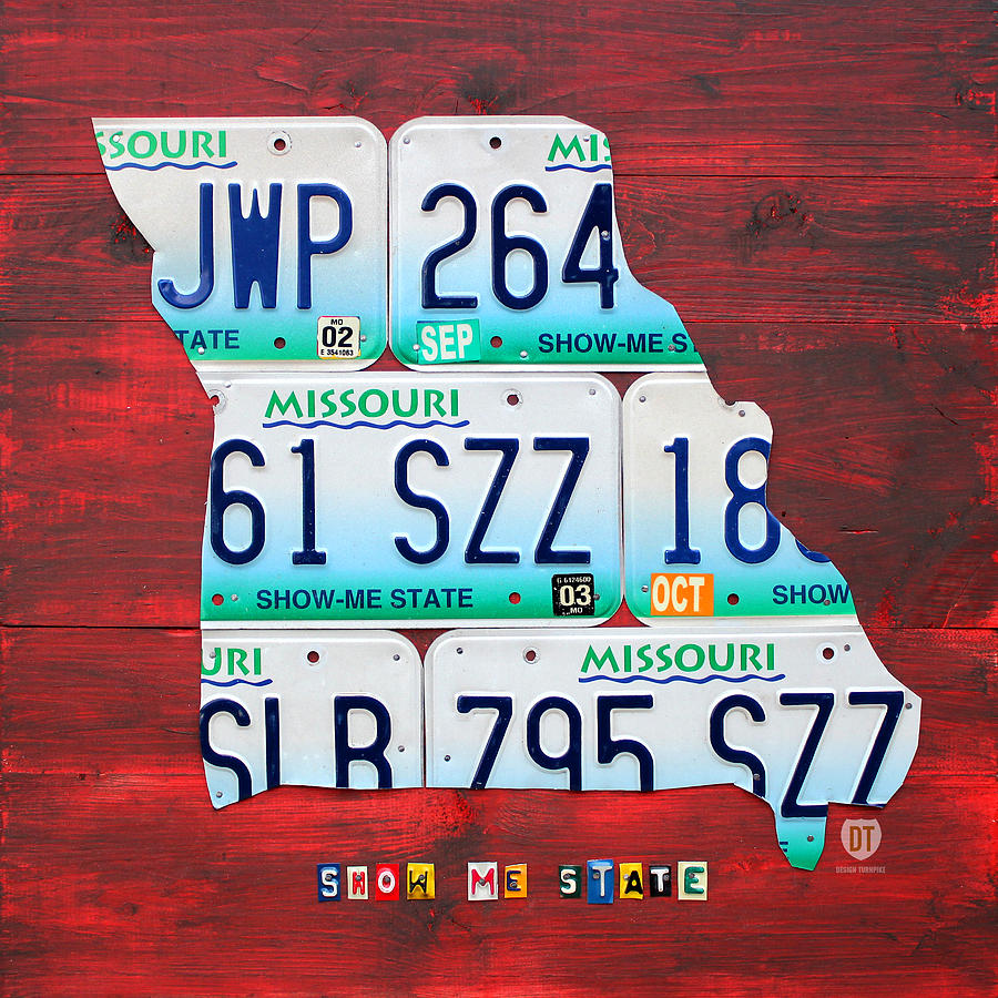 Vintage Mixed Media - License Plate Map of Missouri - Show Me State - by Design Turnpike by Design Turnpike