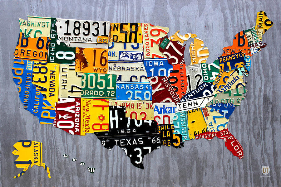 license plate map of the united states muscle car era on silver design turnpike