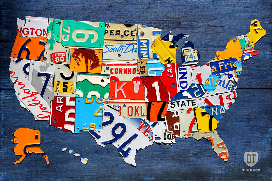 United States License Plate Map License Plate Map of The United States   Small on Blue Mixed 