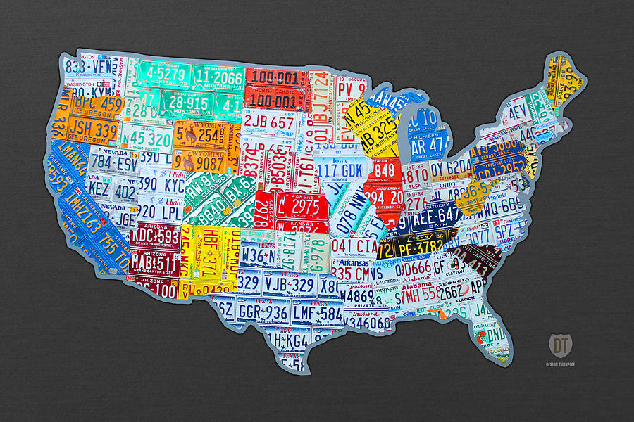 Vintage Mixed Media - License Plate Map of the USA on Gray by Design Turnpike