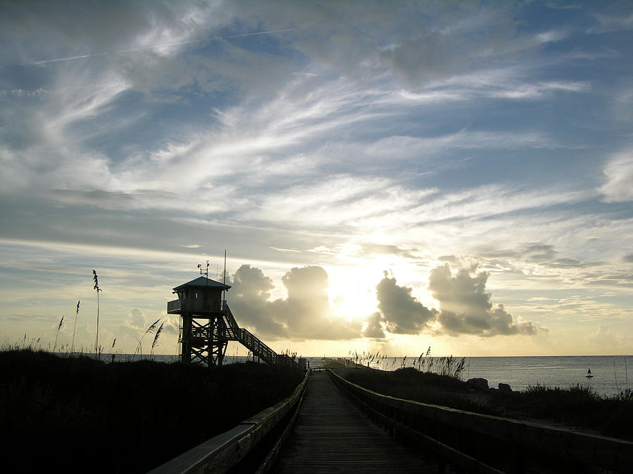 Life guard tower and jetty at sunrise 9-27-14 by Julianne Felton Photograph by Julianne Felton